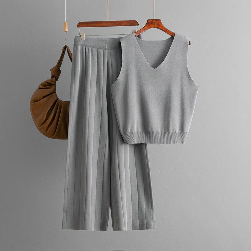 Summer Fashion Set V-neck Solid Color Knitted Tank Top High Waist Casual Wide Leg Two Piece Set
