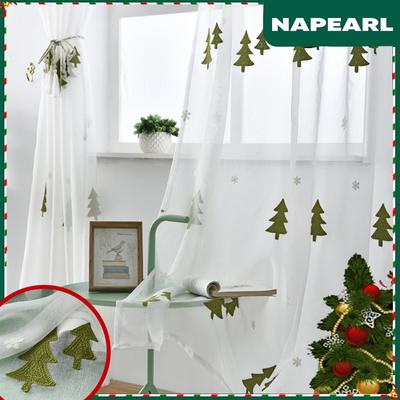 1PC Embroidered Christmas Trees Sheer Transparent Tulle Sheer Curtain Window Drapes For Living Room Home Decor Christmas Decor
