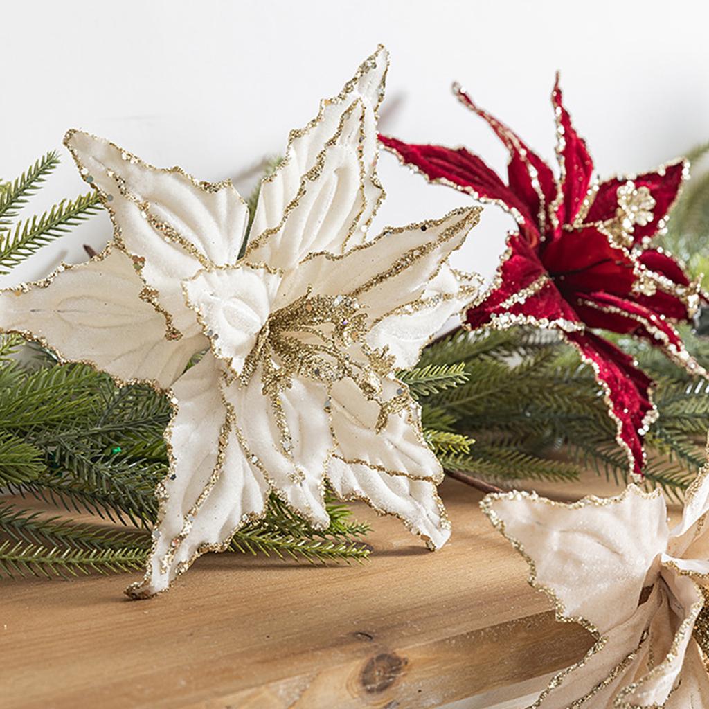Velvet Cloth Artificial Christmas Flower Glitter Red Glitter Christmas Flower Flower Hanging Ornament Christmas Tree Decoration