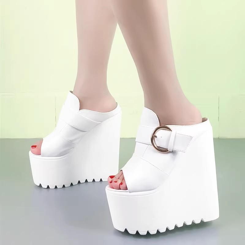 Modne 16CM Damskie Sandały na Platformie Wysokie Obcasy Koturn Otwarte Palce Wsuwane Bez Pięty Muły Letnie Kapcie Buty