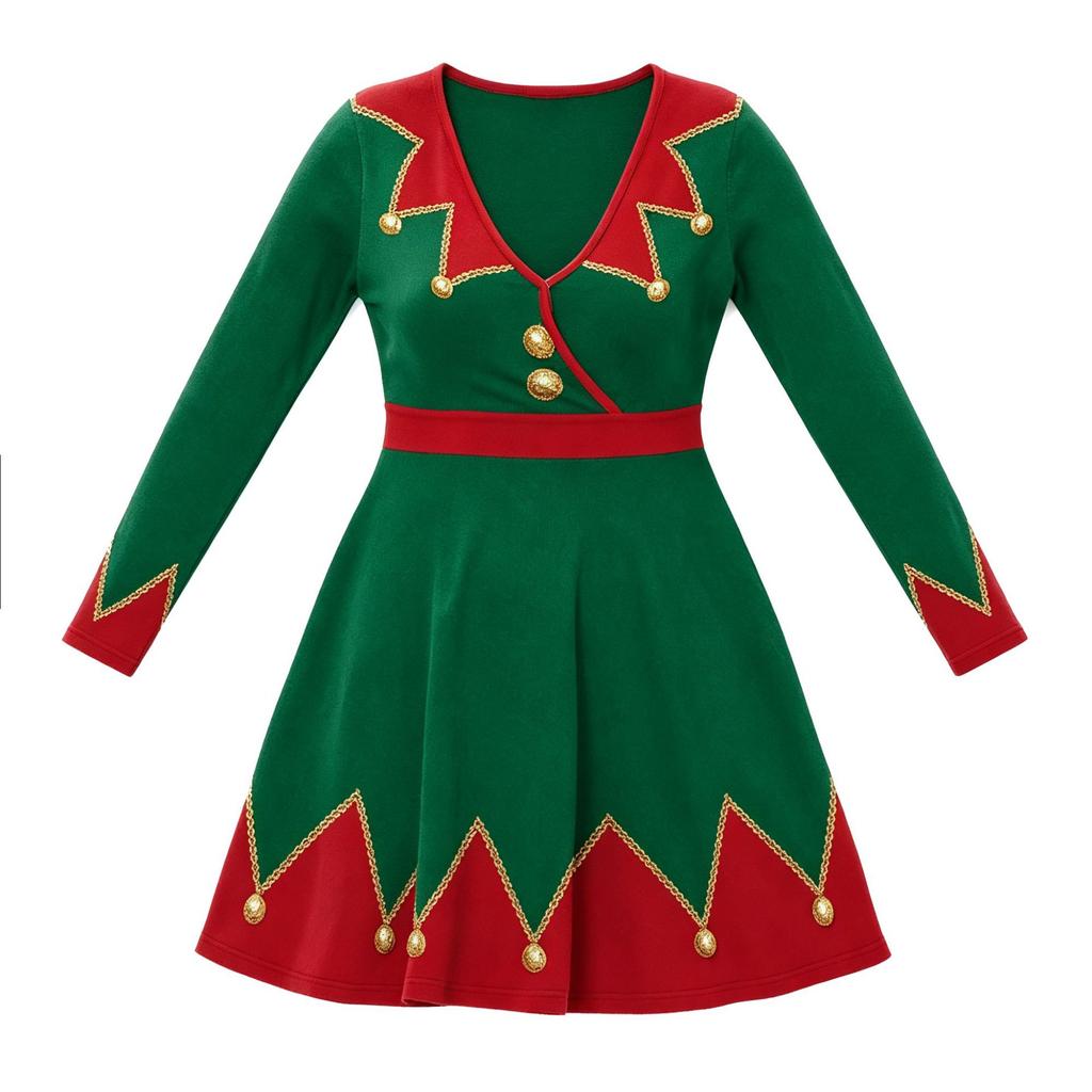 Christmas elf dress for women, red and green contrasting colors, long-sleeved V-neck, Christmas party waist A-word short skirt, performance costume