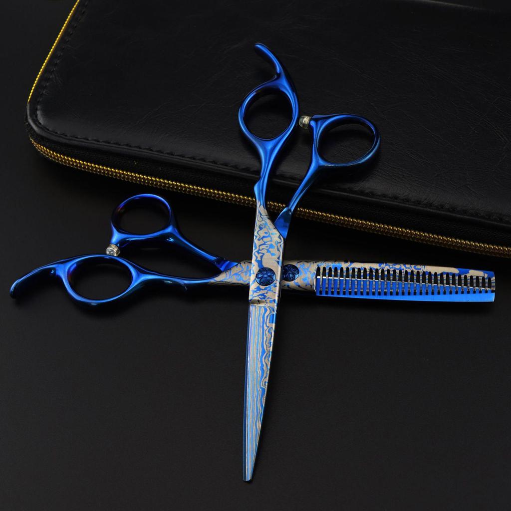 6.0" Blue Damascus Hairdressing & Barber Serrated Scissors with Thinning Shears