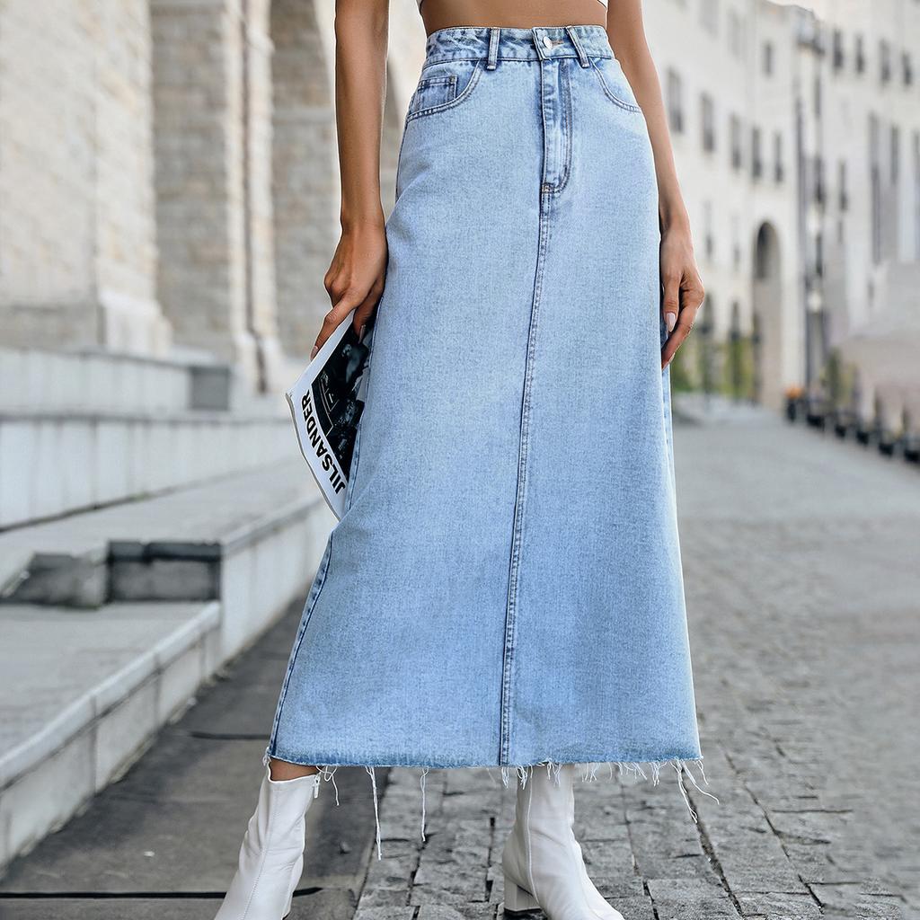 Women High Waist Pocket A Line Jean Denim Skirt