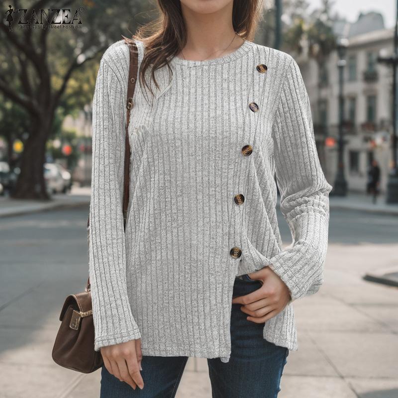 ZANZEA Women Casual O-neck Long Sleeve Split Hem Knitwear Blouse