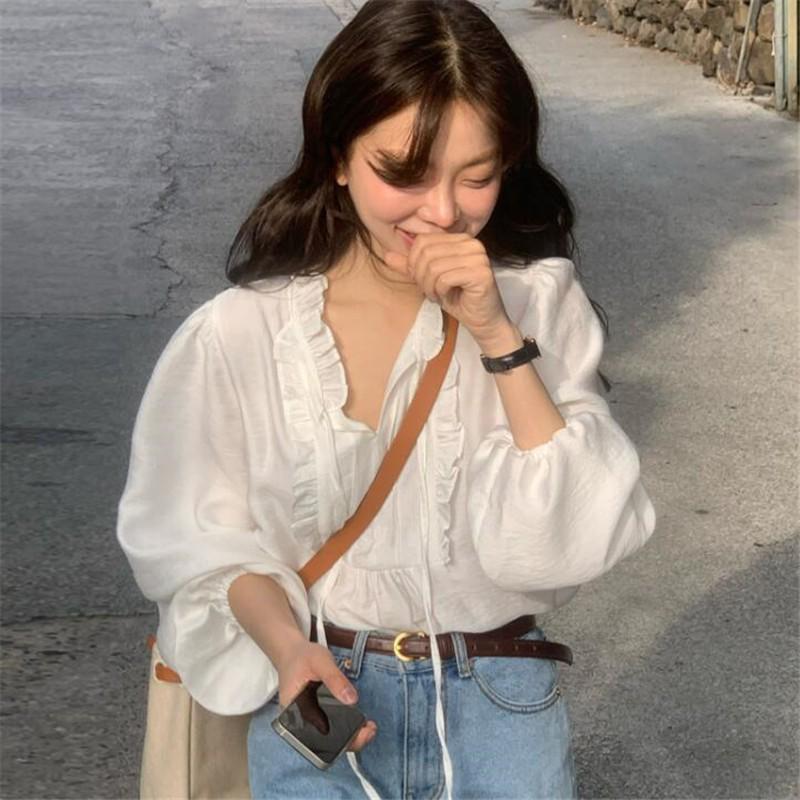 Autumn 2025 Women's Korean Ruffle Tie-Up Puff Sleeve Loose Shirt