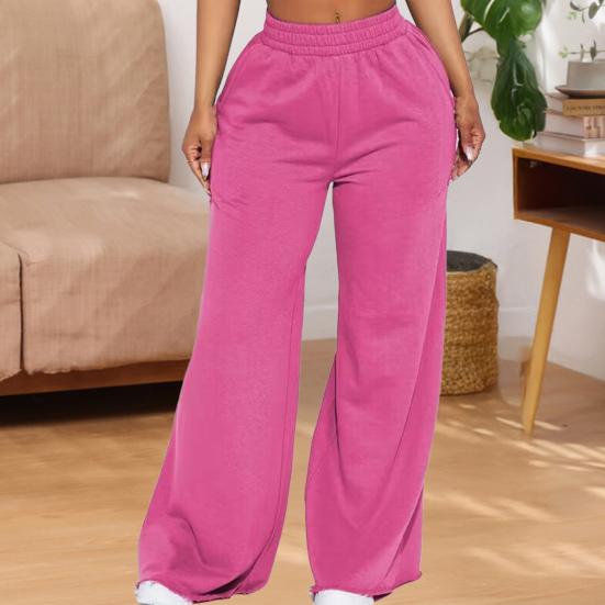 Women Casual Pants Solid Color Wide Leg Trousers with Pockets Elastic High Waist Hip Hop Style Long Pants