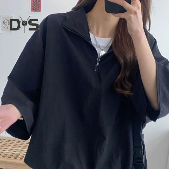 2 Pcs/Set Sweatshirt Shorts Set  Loose Solid Color Lapel Half Sleeves Pockets Elastic Waist Zipper Collar Breathable Smooth Quick Dry Soft Summer