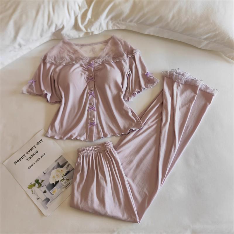 Women's Summer Modal Pajama Set with Chest Pad - Short Sleeve, Lightweight, for Spring and Autumn