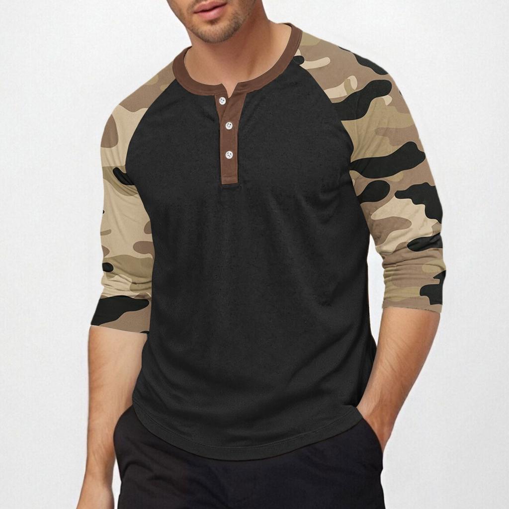 Men's Top with Three-quarter Sleeves and Camouflage Print