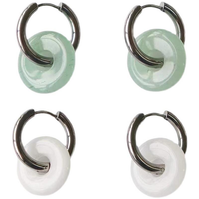 New Unique Green Jade Round Stainless Steel Hoop Earrings For Women Vintage Elegant Earclip Earrings Statement Jewelry