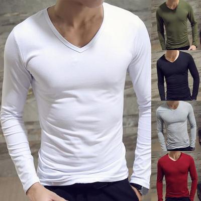 Men Shirt Solid Color Pullover Casual V Neck Long Sleeve Slim Autumn Base Shirt for Daily Wear