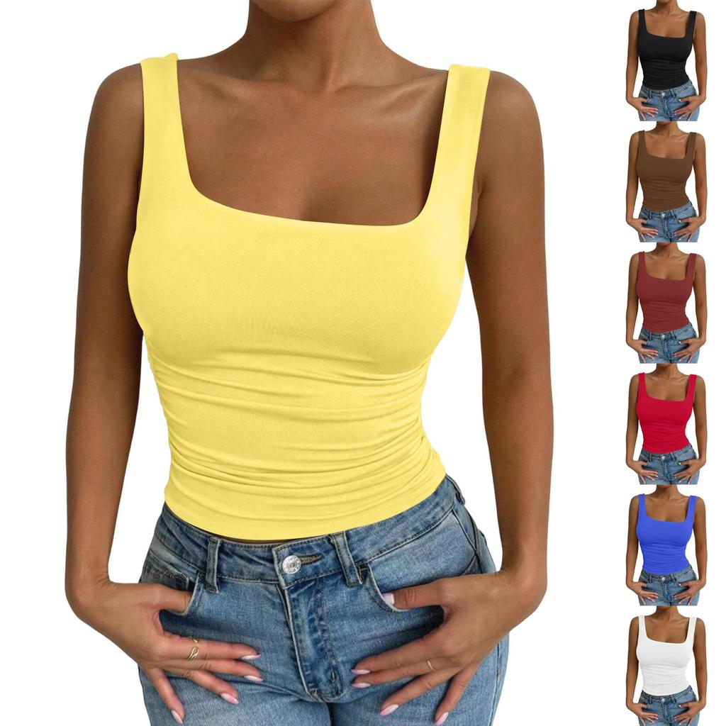 Women Sleeveless Tank Top Square Neck Casual Slim Fit Stretchy Ribbed Knit Summer Basic Layering Camisole Shirt