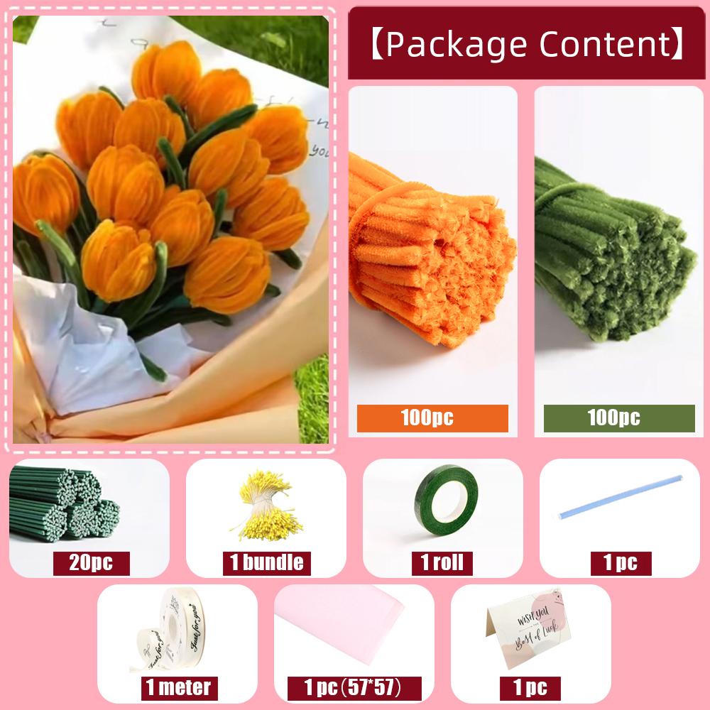 200PCS Tulip Pipe Cleaners for Craft, Chenille Stems with Flower Pole, Flower Core & Gardening Tape, Arts & Crafts for DIY