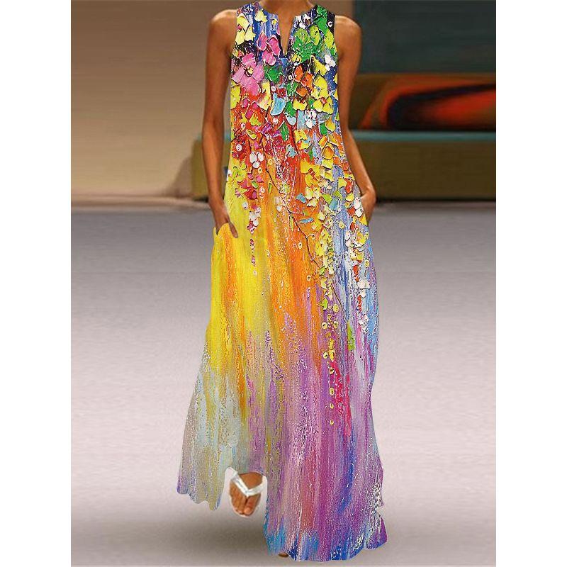 Summer Print Long Dress Women Beach Holiday Loose 3D Skirt