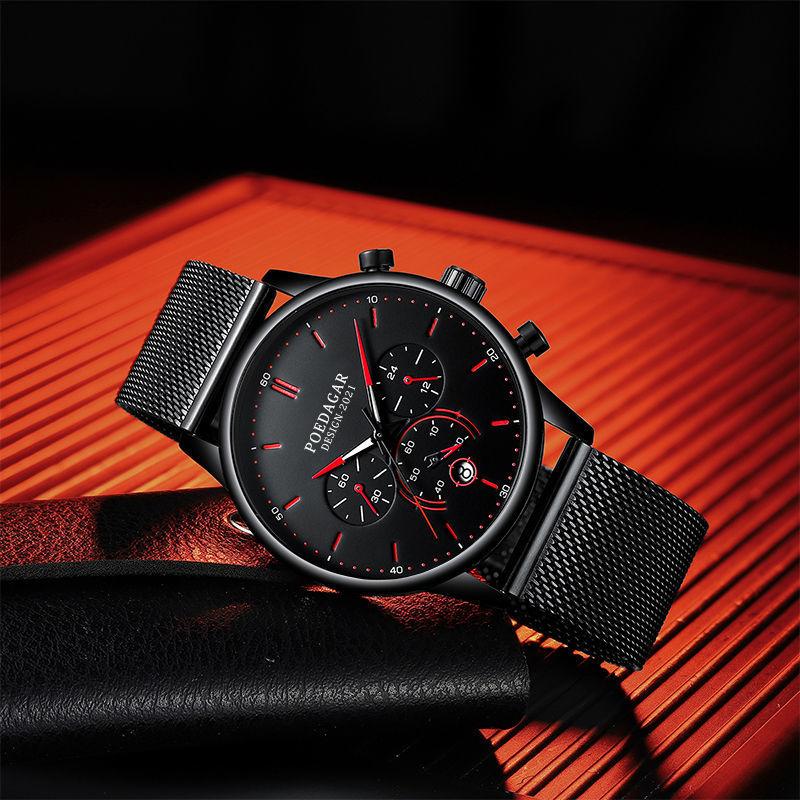 Men Watch Fashion Chronograph Slim Stainless Steel Mesh Quartz Men's Wristwatch Waterproof Luminous Date Sport Watch