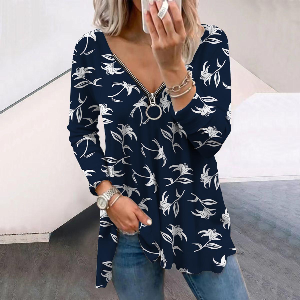 

Женские осенние цветочные красные розы с длинным рукавом футболки свободные V-образный вырез плюс размер футболка топы удобная блузка XS темно-синий