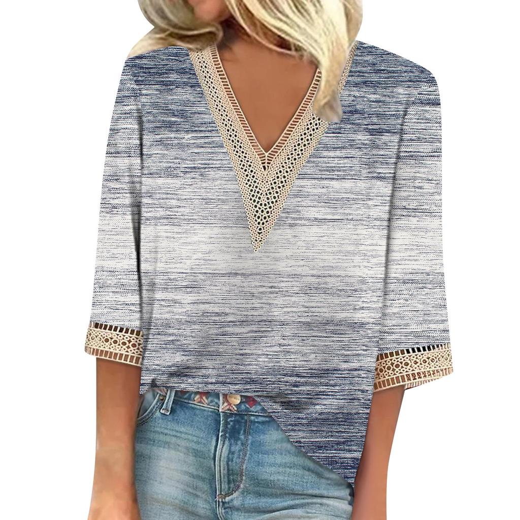 Women's Shirt Blouse Casual Loose Shirts 3/4 Sleeve Lace Trims Print V Neck Tops Print Tops T-shirts Tee