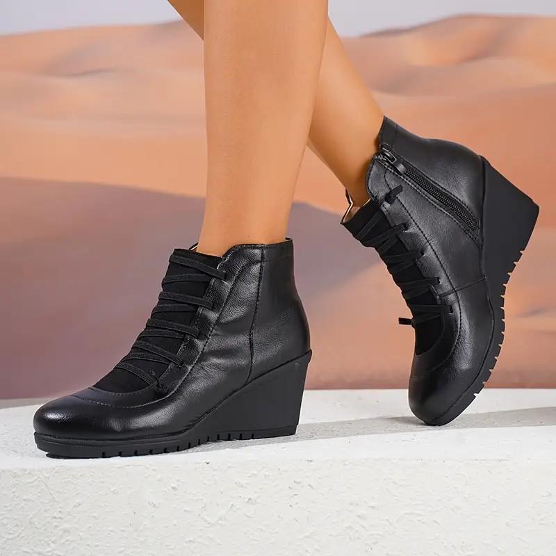 Fashion Women's Retro Platform Wedge Heel Ankle Boots Autumn Winter Cross Strap Casual Shoes Woman Plus Size Pu Leather High Heel Boots