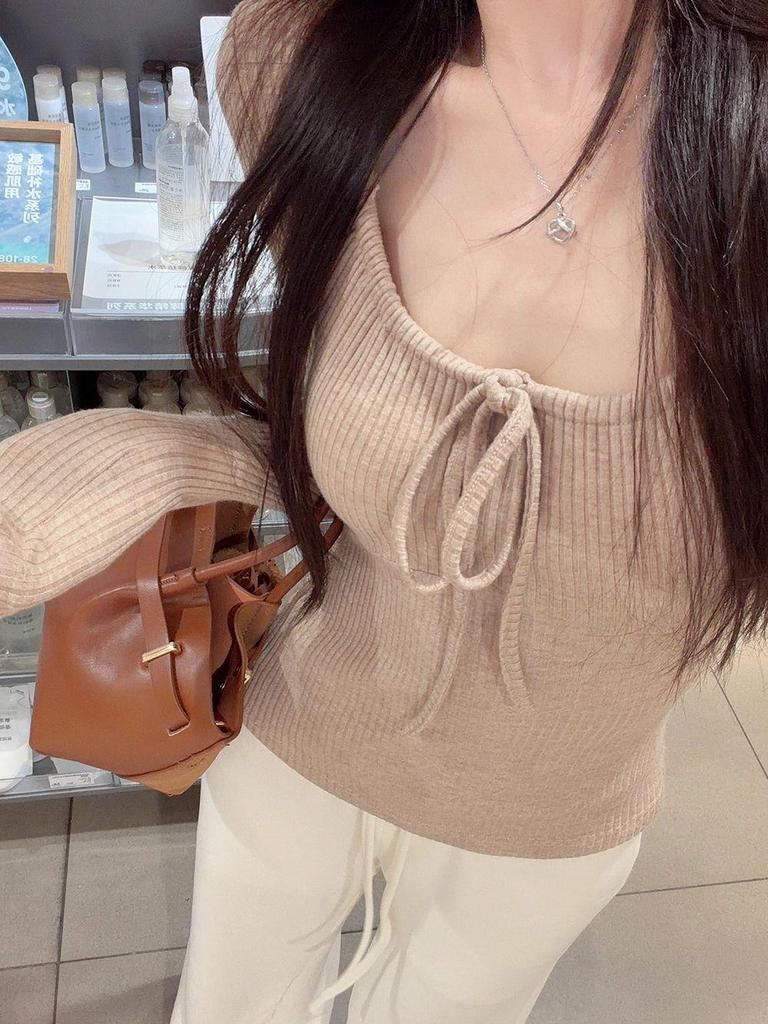 Spicy Girl Lace-up Long Sleeve Slimming Ribbed T-shirt – Autumn/Winter Trendy Top