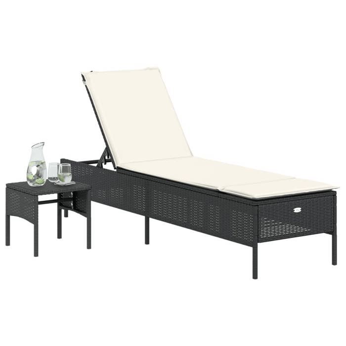 VidaXL Chaise Longue with Table and Cushion Black Wicker, Sunbed, Garden Daybed, Outdoor Furniture, Chair 4002728