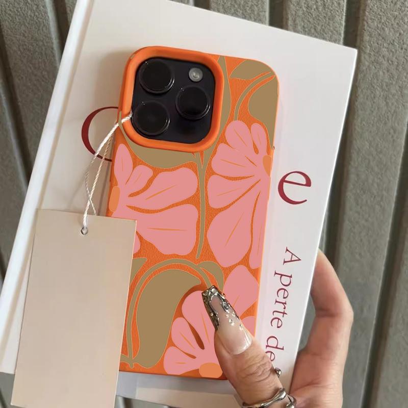 

Abstract Big Pink Flower Imitation Leather Phone Case for iPhone 17 Air 16 E 15 14 Plus 13 12 11 Pro Max XS Max Silicone Cover iPhone XS Max оранжевый