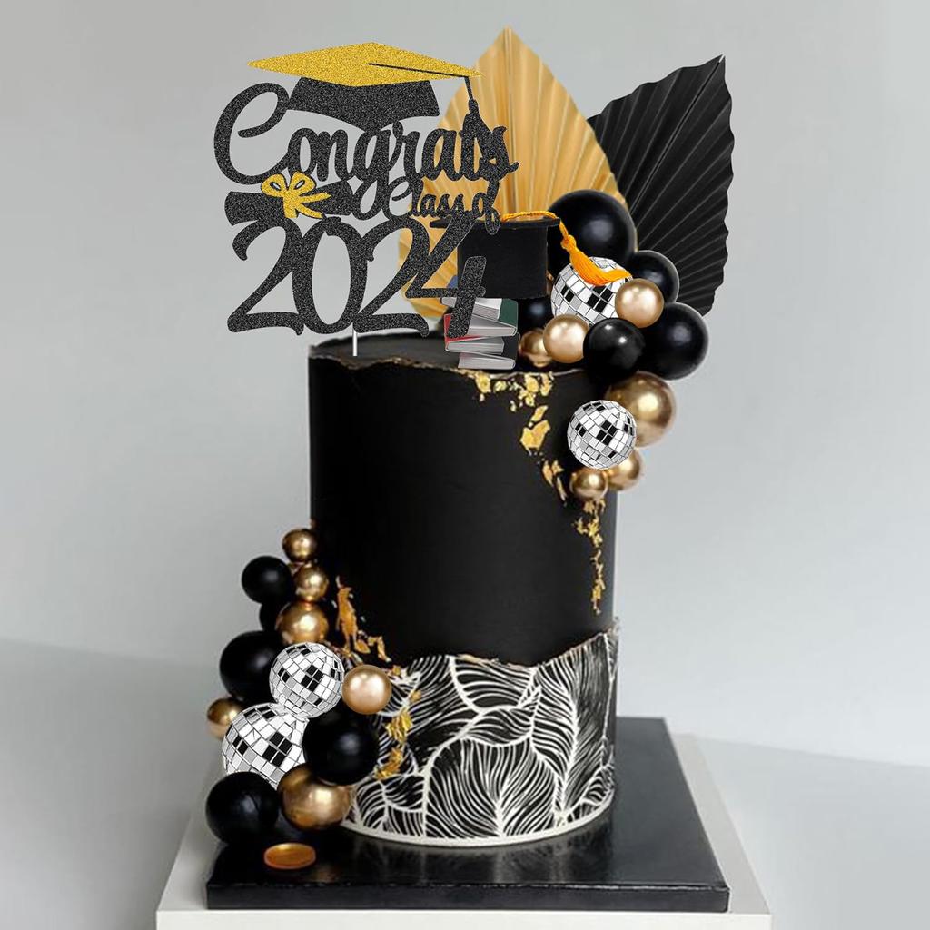 Tortenfiguren für Absolventen: Spiegel, schwarz-gold-weiße Kugeln, Glückwünsche, Dekoration für Highschool- und College-Absolventen des Jahrgangs 2025