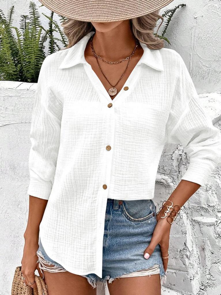 Women S Solid Long Sleeve Button Up Shirt Loose Collared Blouse