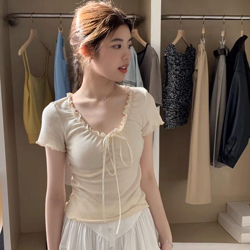 

Острая Девушка 2024 Футболка с оборками и V-образным вырезом, приталенная - Белая/Серая, с коротким рукавом XL абрикосовый