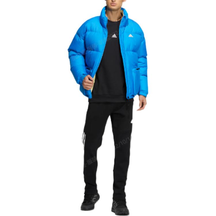 Adidas Solid Color Stand-Up Collar Zipper Down Jacket With Brand Logo Print Unisex Outerwear Blue HN2105
