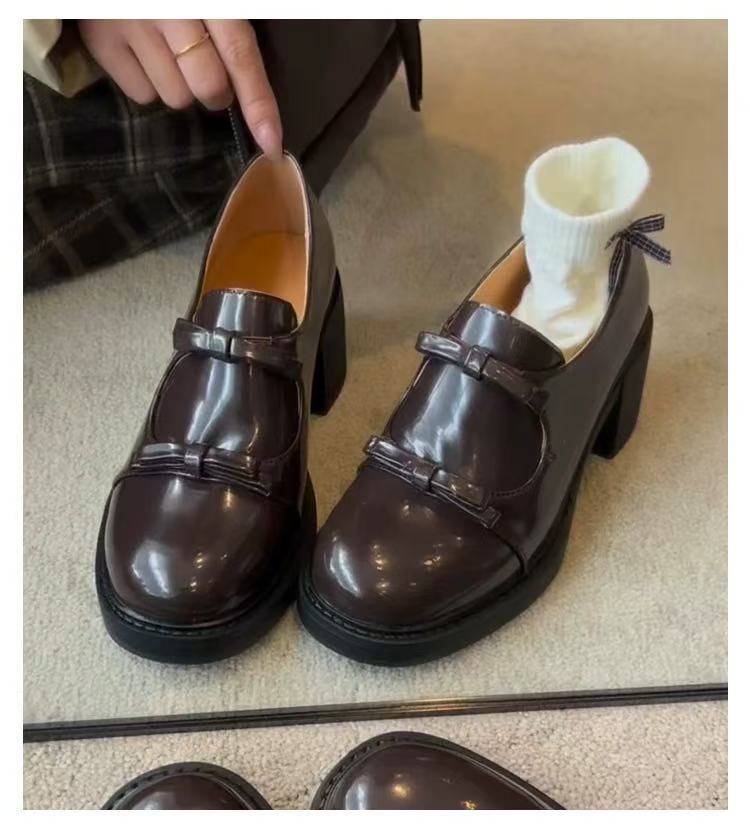 British high-heeled loafers for women French elegant bow thick-heeled single shoes British black small leather shoes for women