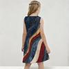 Girls Round Neck Sleeveless Printed A Line Flared Dress Navy Blue Red Gold