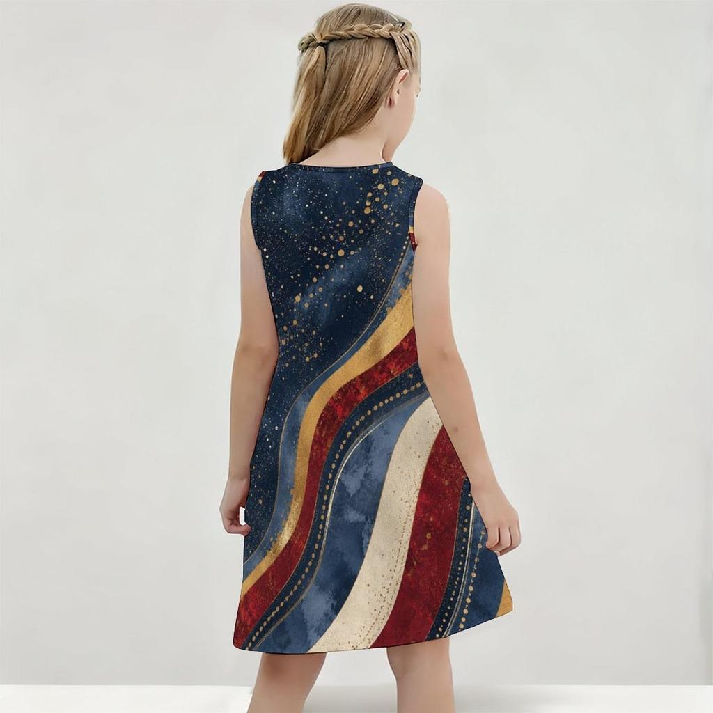 Girls Round Neck Sleeveless Printed A Line Flared Dress Navy Blue Red Gold