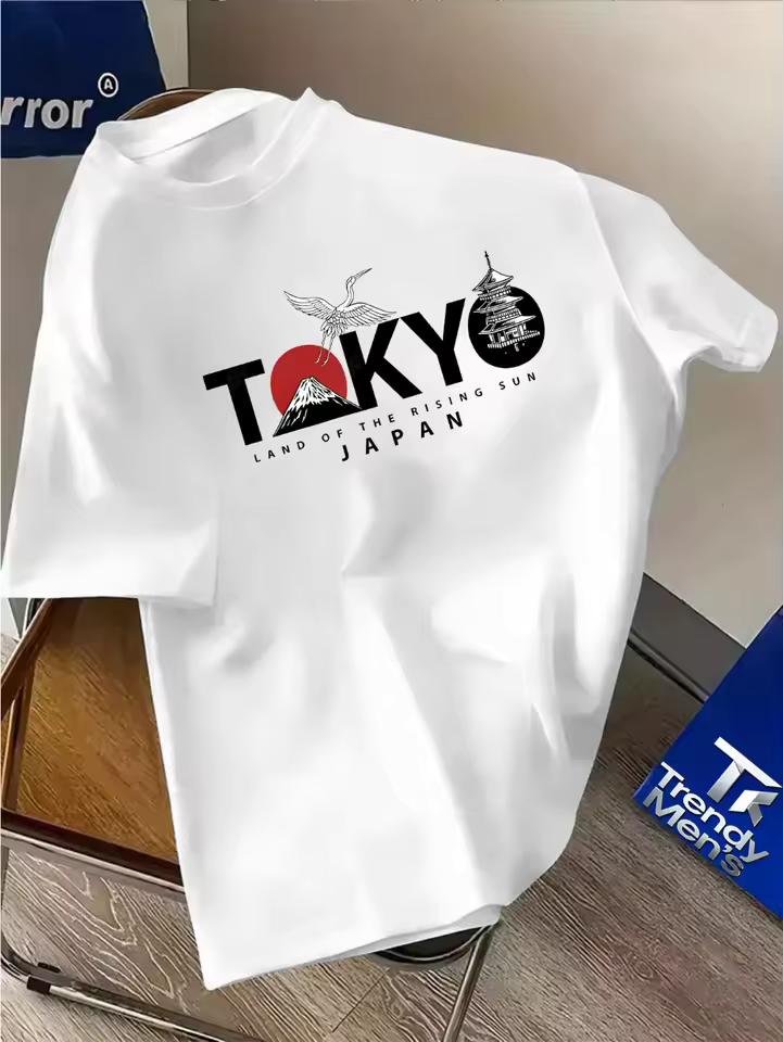 Graphic T-shirts for men, featuring a Tokyo theme with sunrise and torii gate design Pure suitable for couples in all seasons