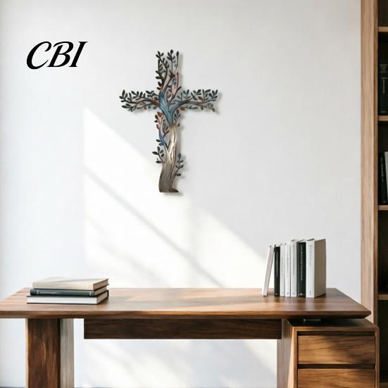 Farbverlauf Metallkunst Kreuz Wandkunst, Lebensbaum Hängende Kreuze Dekoration Dekoration, für Garten Wohnzimmer Schlafzimmer