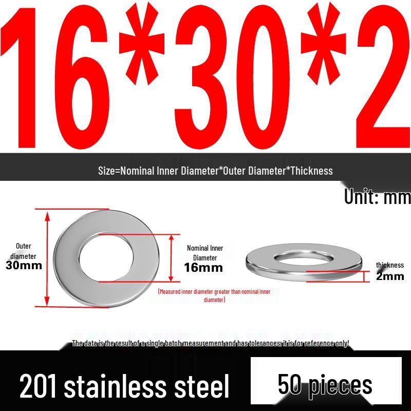 201 Stainless Steel Flat Washer Shim, GB97, Sizes M3 to M30