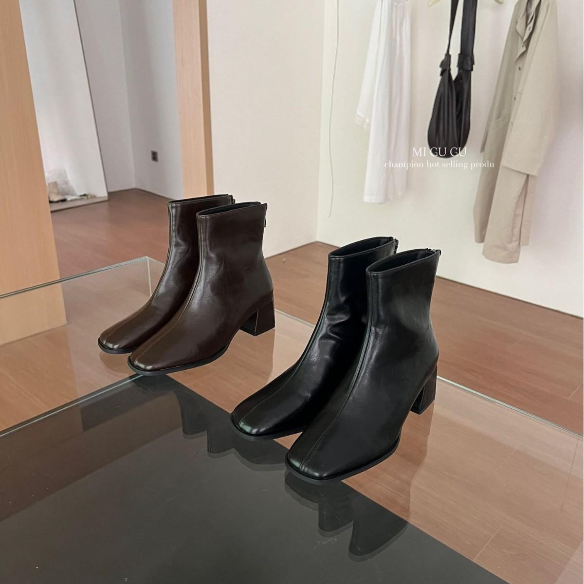 

2025 autumn and winter new square head thick heel rear zipper low tube thin Martin women s short boots 39 чёрный