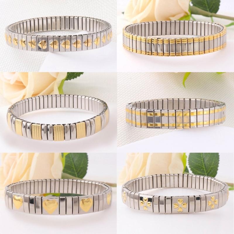 Jewelry Stainless Steel Stretch Bracelet for Women, Flexible Wide Wristband Bangle Bracelets Decorated Golden Pattern
