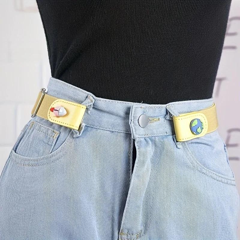 1pc Press Buckle Style Lazy Belt Women'S Versatile Jeans Belt Invisible No-Trace Elastic Stretch Belt Adjustable Length