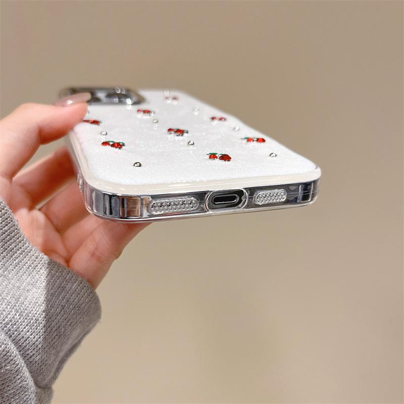 Modische, funkelnde, süße 3D-Kirsch-Strass-Glitzer-Handyhülle für iPhone 16 15 13 12 11, ultradünne Hülle mit galvanisiertem Metall-Kameraring