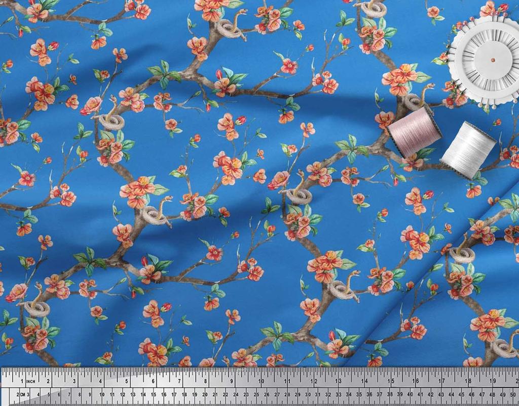 Soimoi Japonská krepová saténová látka Had, listy a květy, květinový potisk v metrech 42 palců