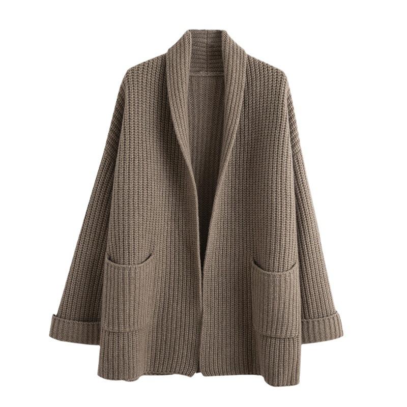 Cárdigan de punto para mujer con diseño de bolsillo, otoño invierno, ropa femenina sólida con cuello en V, manga larga casual holgado, abrigo diario