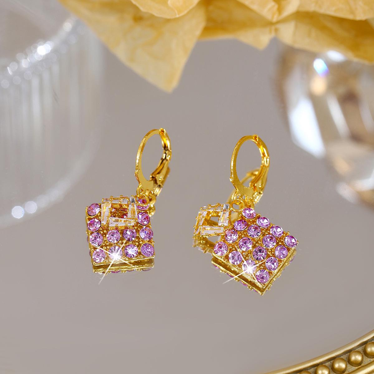 Minimalist Purple Diamond Inlaid Geometric Rhombus Earrings for Women