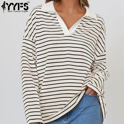 Damenmode Lässig Herbst Winter Streifendruck Langarm V-Ausschnitt Pullover & Langärmlige
