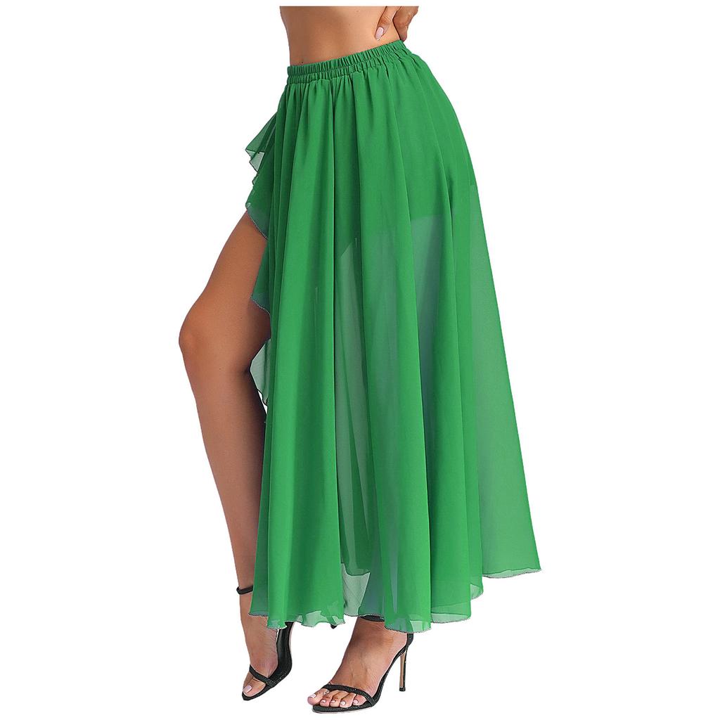 Gonna Chiffon Danza del Ventre da Donna Vita Elastica Volant a Cascata Spacco Laterale Costume da Ballo Svasato