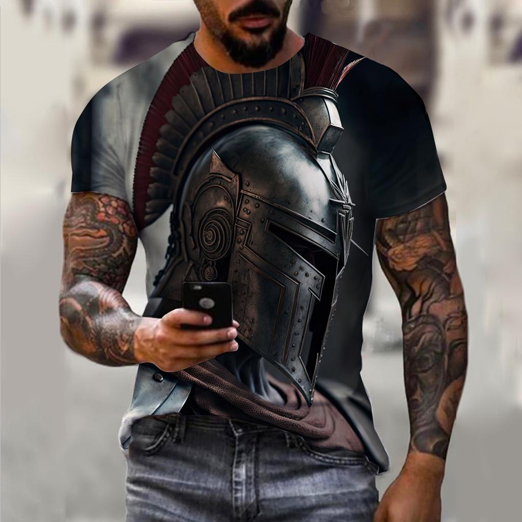 Sparta Neues Mode Heldenmuster T-Shirt Europäische und Amerikanische Sommer Mode Kurzarm Oberteile Lässig Personalisierte Aufdrucke Rundhals Streetwear