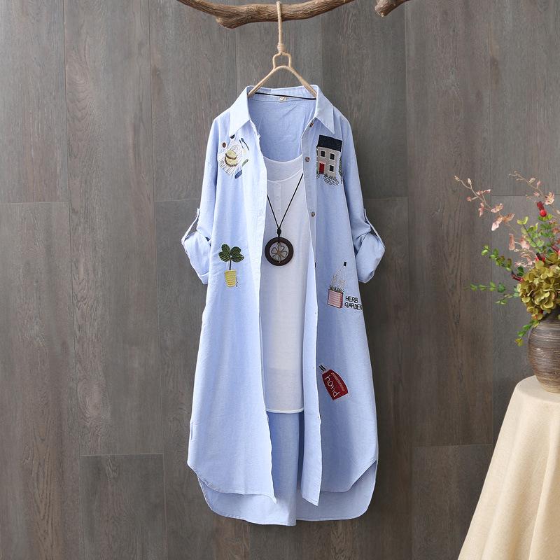 Korean Style Cotton Embroidered Long Sleeve Casual Shirt for Women