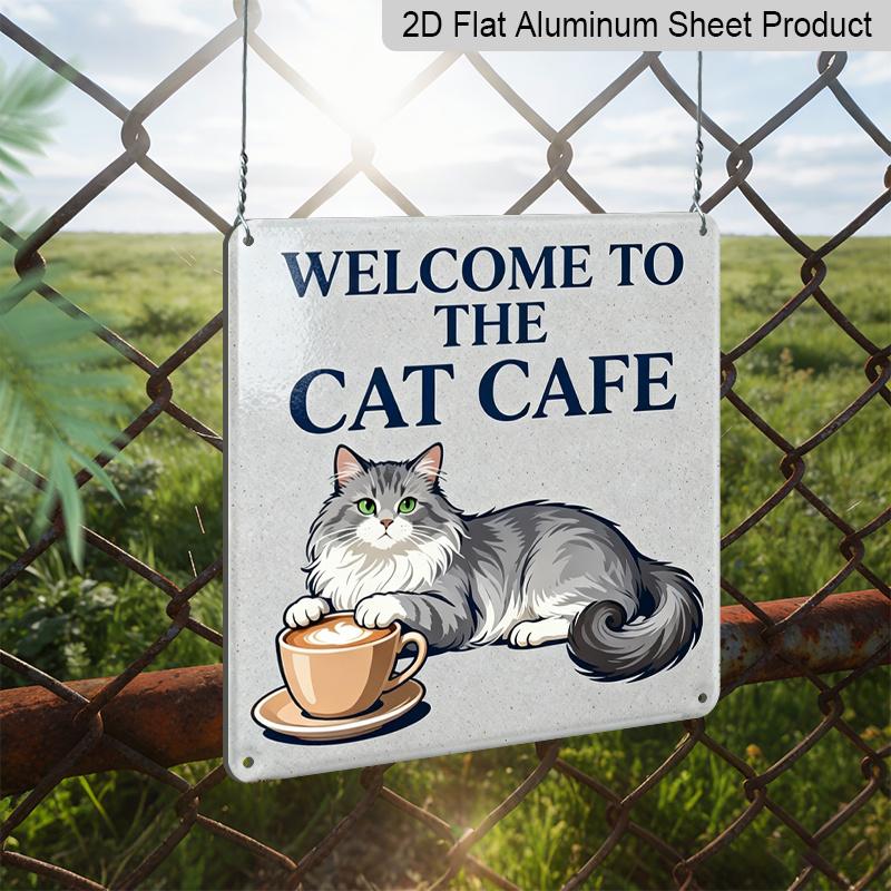 2D Flat, 1pc Vintage Cat Cafe Metal Sign - Welcome To Cat Cafe with Paw Print & Kitten Design - Rustic Wall Art for Outdoor, Pet-Friendly Decoration