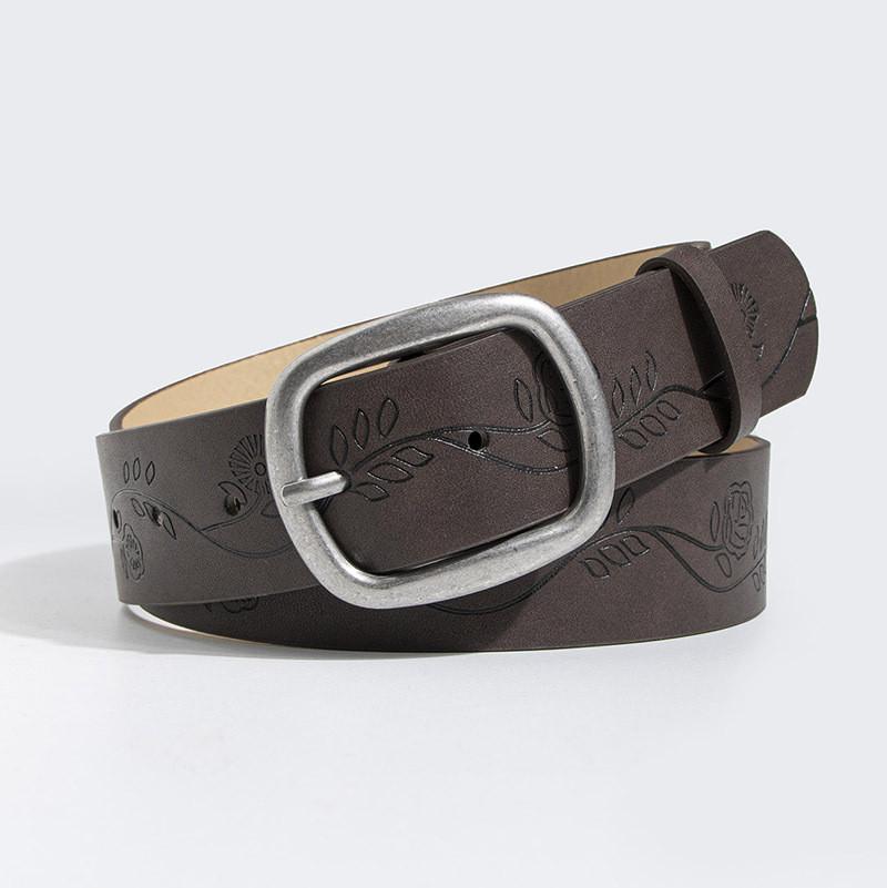 Old Style Embossed Faux Leather Waist Belt With Pin Buckle For Vintage Fashion