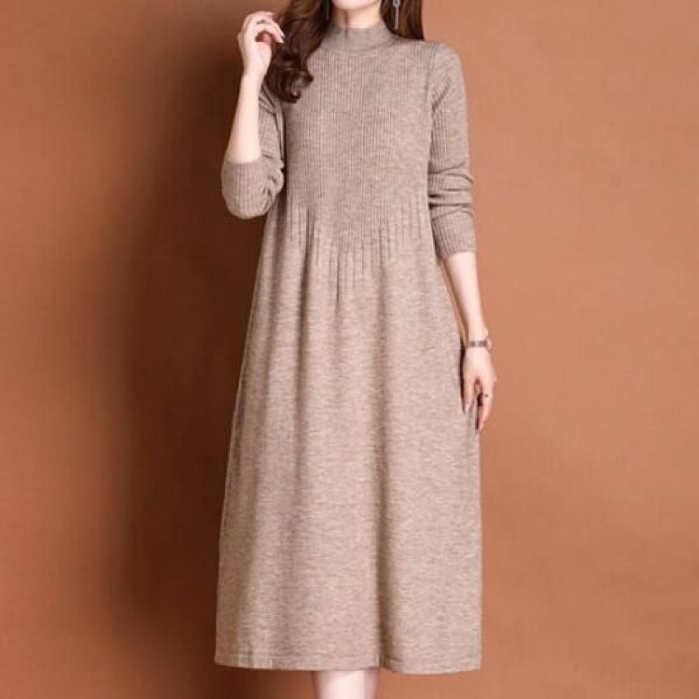 Navava Women Simple Basic Ribbed Mock Neck Long Sleeve Knit Dress No957