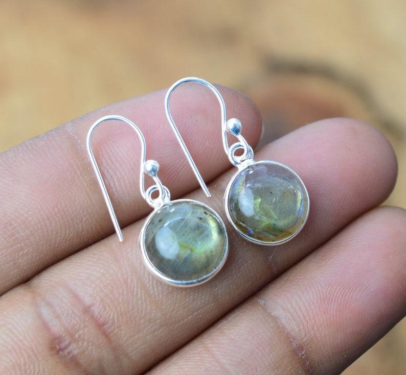 Solid 925 Sterling Silver Natural Round Labradorite Gemstone Earrings Gift For Her Statement Earrings